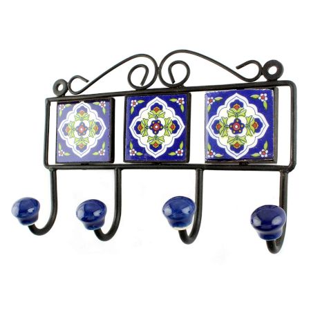Navy Blue White Ceramic Floral Tiles Hook 